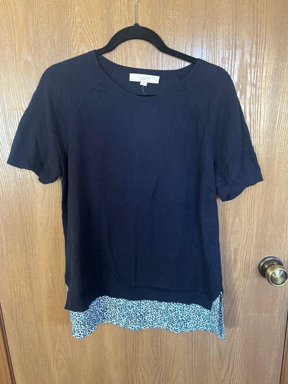 LOFT Navy Short Sleeve Layered Top with Patterned Hem